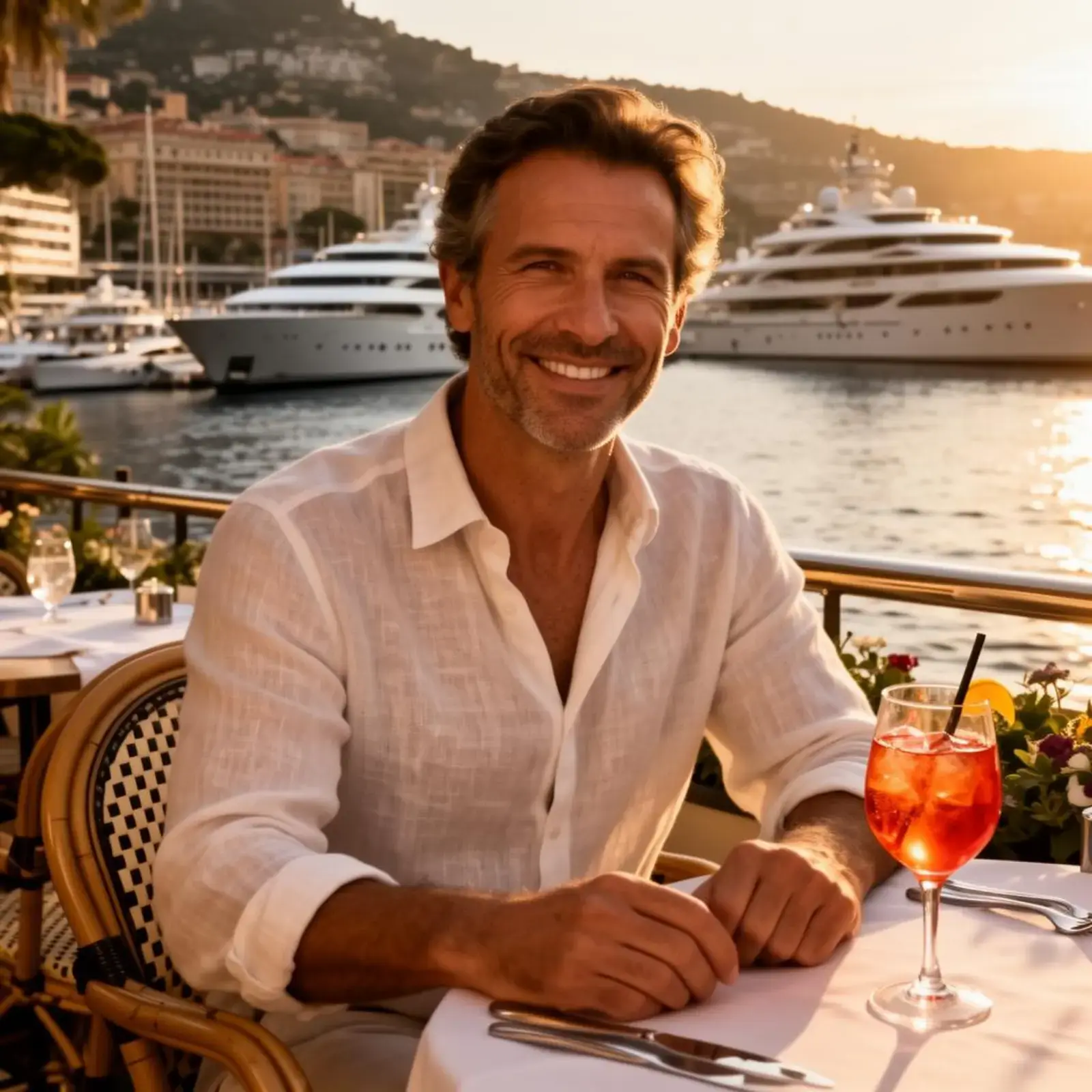 Man enjoying aperitif at waterfront restaurant