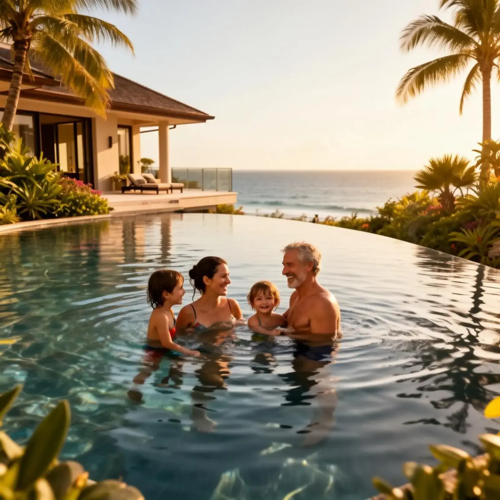 Family playing in luxury villa infinity pool