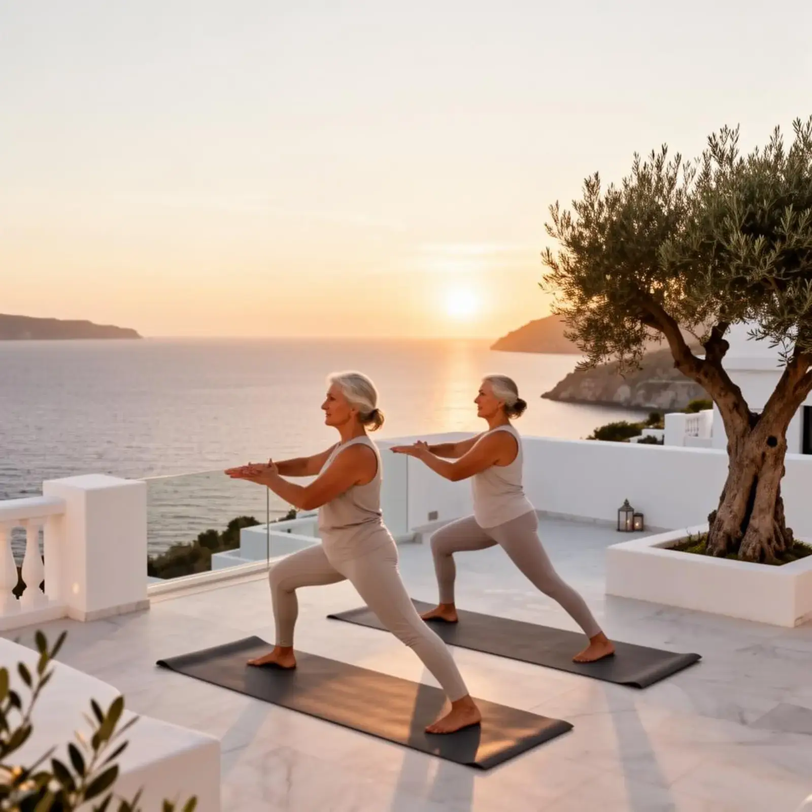 Couple doing yoga on terrace overlooking the sea